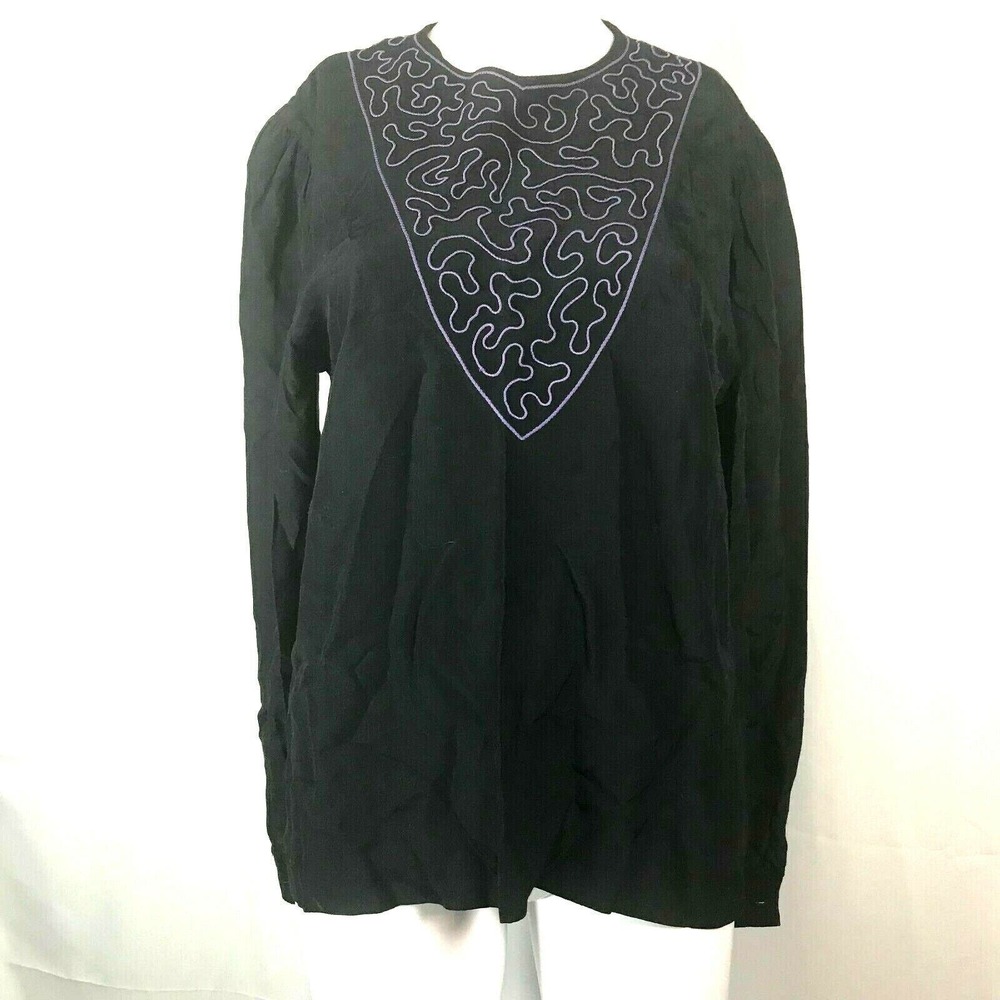 Polly Ellerman Tunic Womens Sz 6 Black Purple Embroidered Vintage Hippie Boho